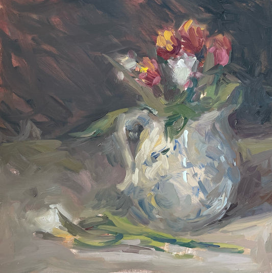 Rachel Wright Arranging Tulips - original still life painting on Hartello